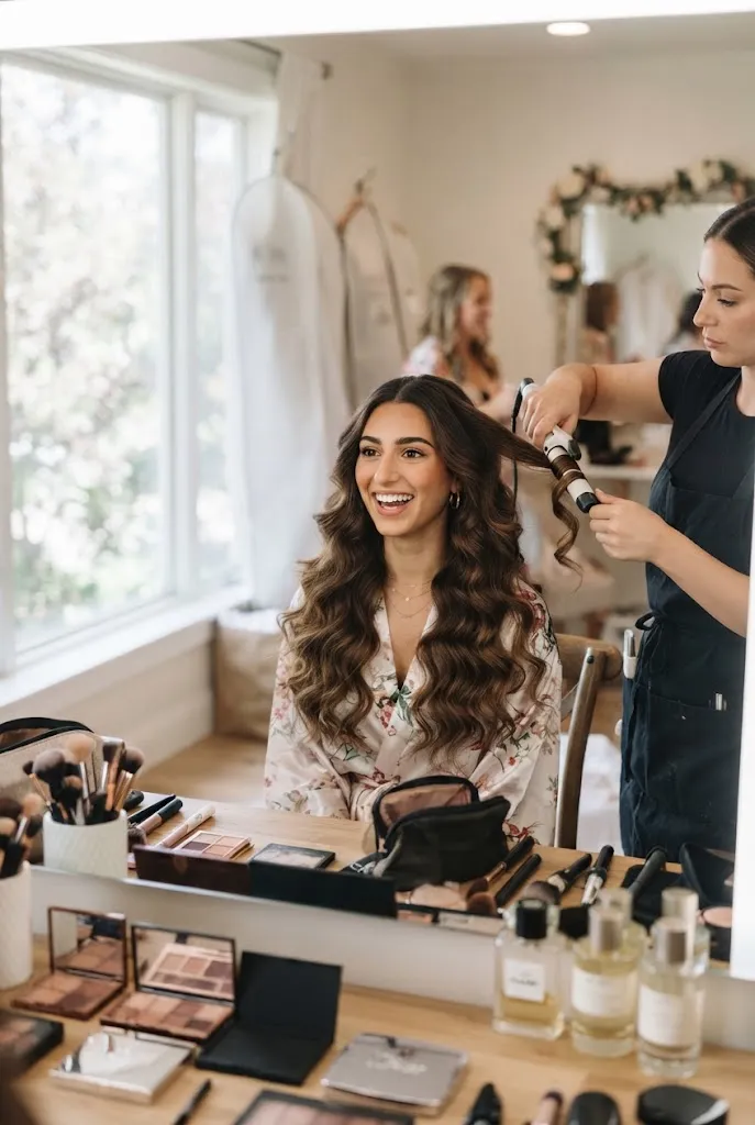 Young Middle Eastern American woman getting loose waves styled before a wedding