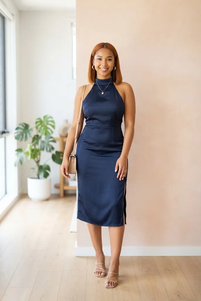 Curvy woman wearing a navy halter neck dress with a slit