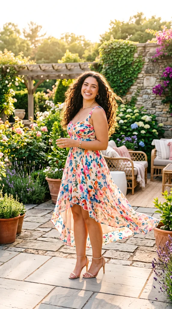 Curvy woman wearing a high low hem floral dress