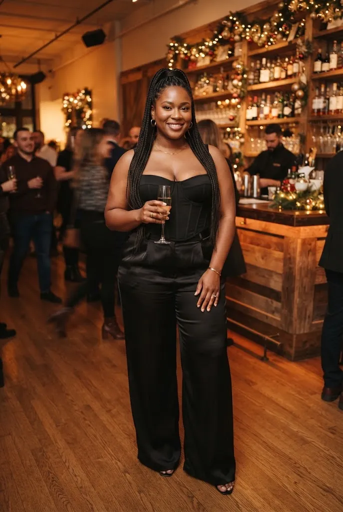 Full curvy woman in corset top and wide leg trousers at a holiday party