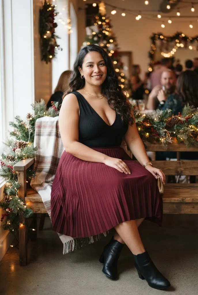 Full curvy woman in deep V bodysuit and pleated statement skirt at a holiday event
