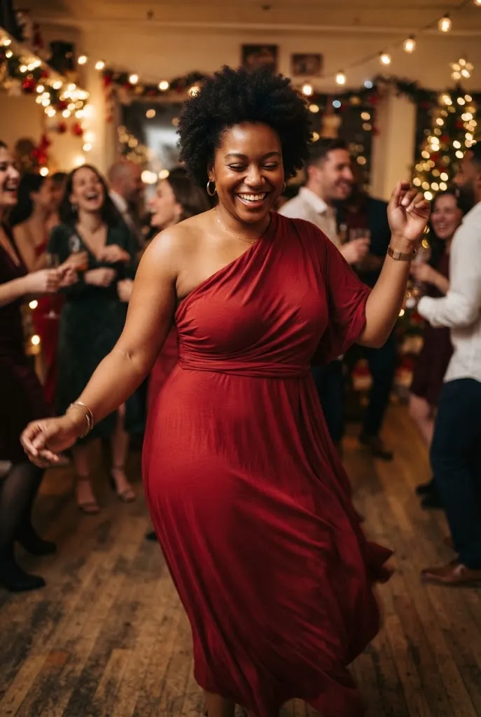 Full curvy woman in draped one shoulder red dress dancing at a holiday party