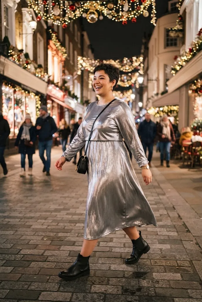 Full curvy woman in metallic midi dress and ankle boots on a holiday night out