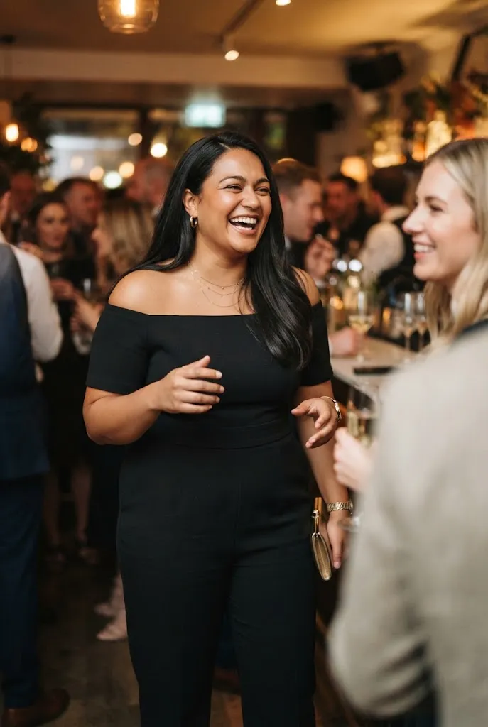 Full curvy woman in off shoulder jumpsuit laughing at a holiday cocktail party