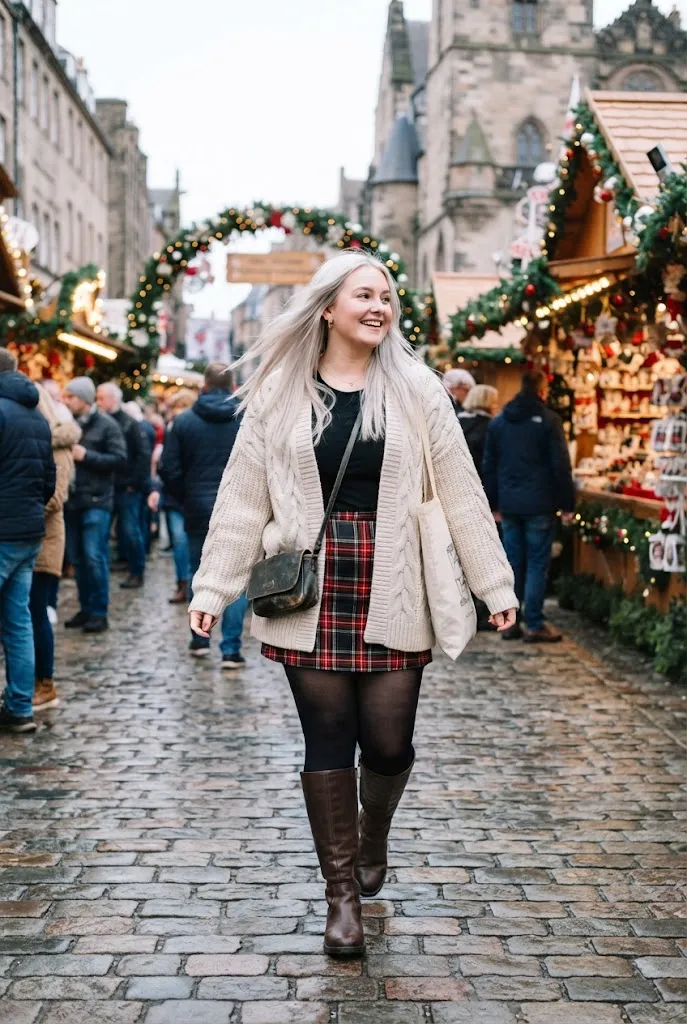 Full curvy woman in plaid mini skirt and oversized cardigan at a holiday street market