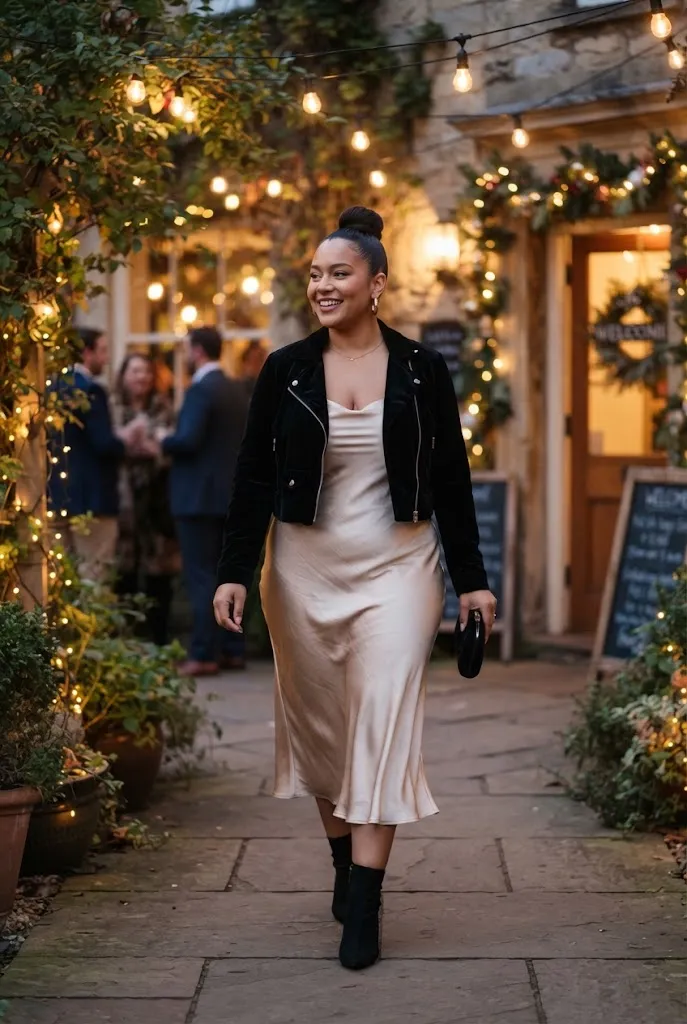 Full curvy woman in satin slip dress and cropped jacket arriving at a holiday party