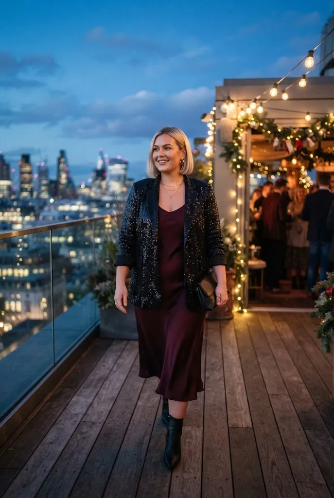 Full curvy woman in sequin blazer and silk slip dress at a rooftop holiday party
