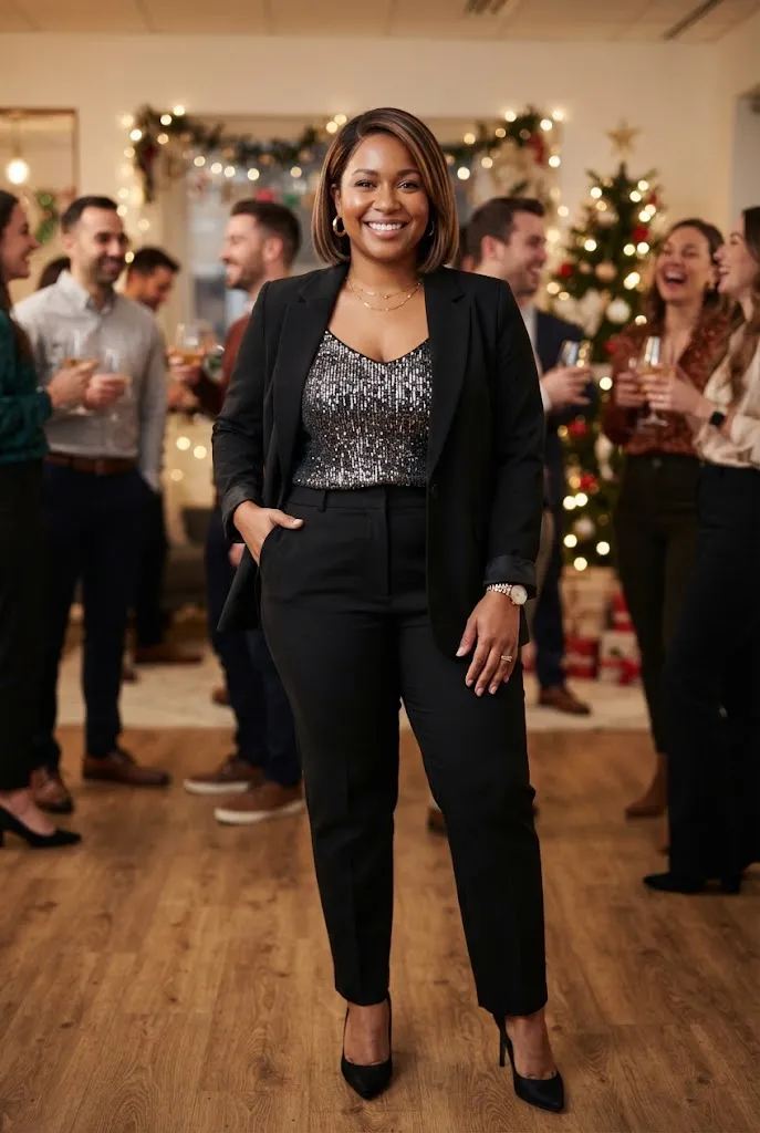 Full curvy woman in tailored pantsuit and sparkle cami at an office holiday party