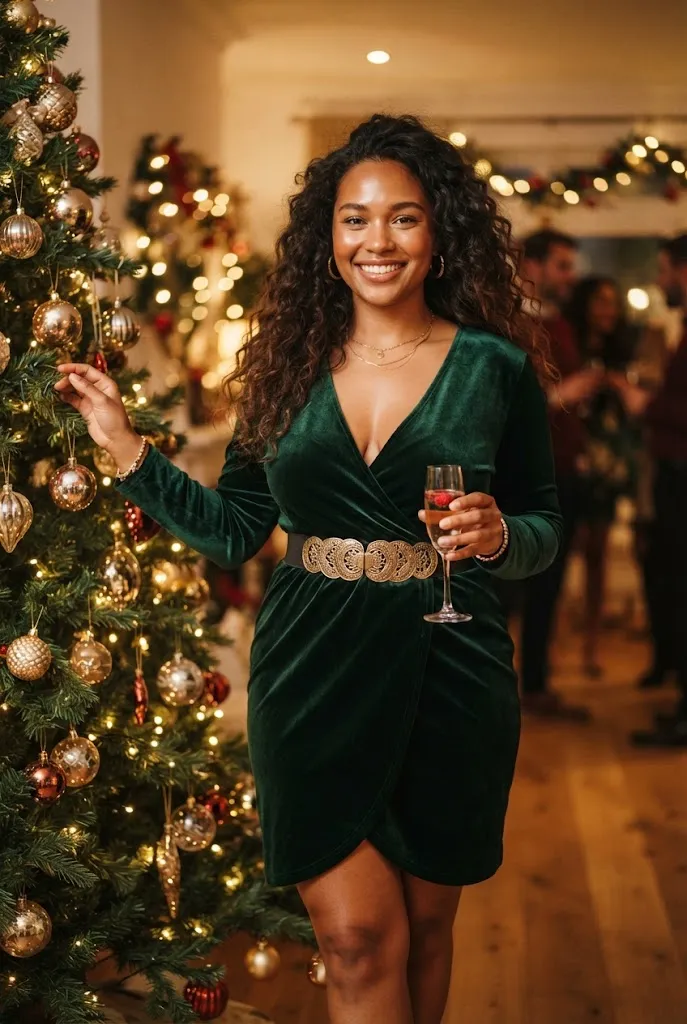 Curvy woman in emerald velvet wrap dress with gold statement belt at a holiday party