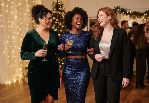 Group of full curvy women in modern holiday party outfits at a festive celebration