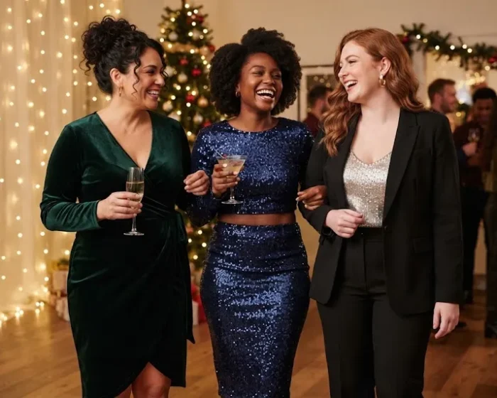 Group of full curvy women in modern holiday party outfits at a festive celebration