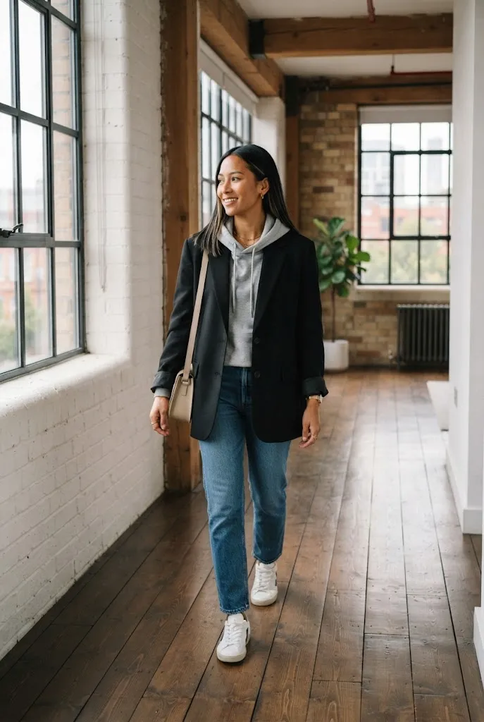 Woman over 30 layering hoodie under oversized blazer with denim jeans