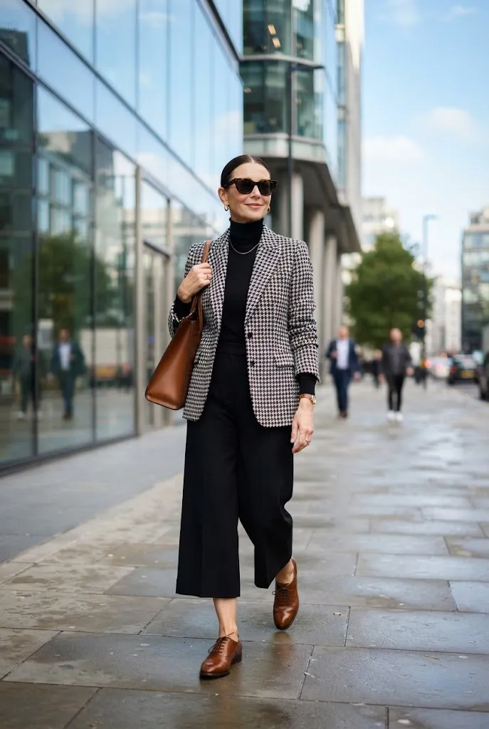 Woman over 50 in houndstooth blazer and culottes city business casual outfit