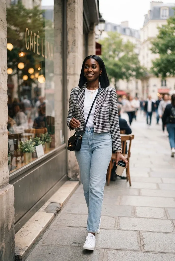 Woman around 34 wearing a houndstooth cropped blazer with straight leg jeans