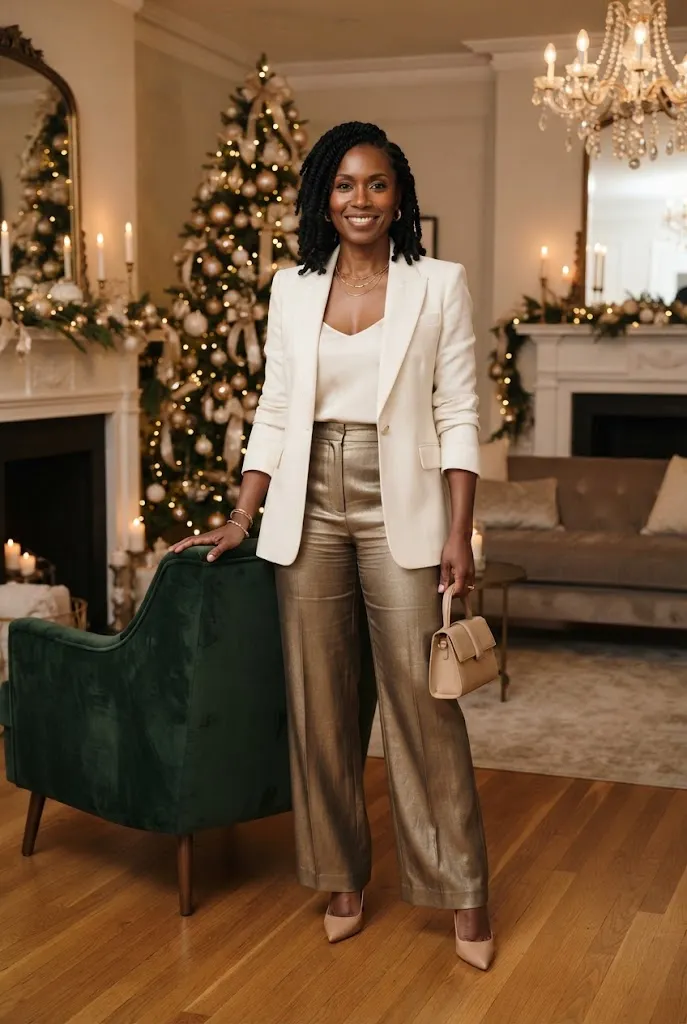 Black woman in ivory blazer and metallic gold trousers at Christmas