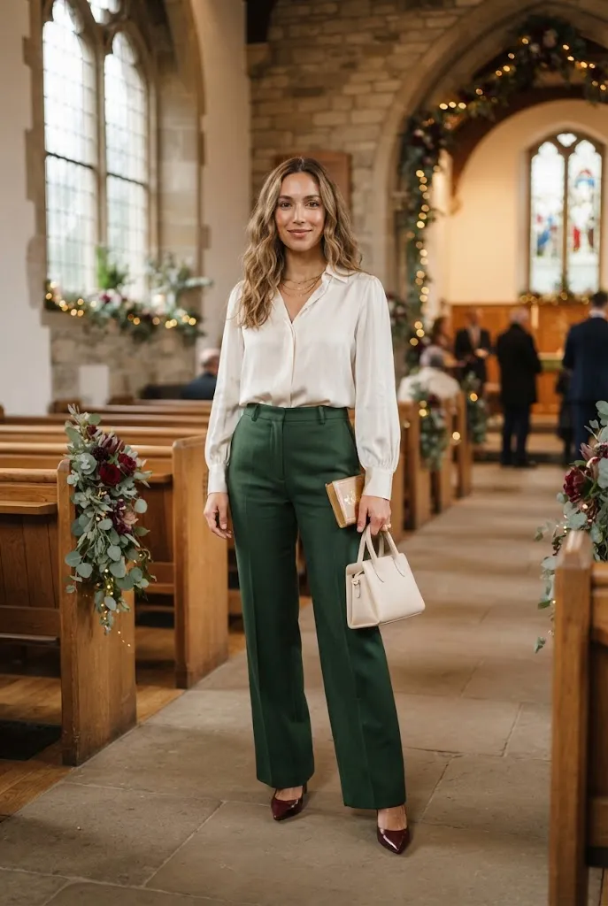 36-year-old woman in ivory blouse and forest green trousers at Christmas church