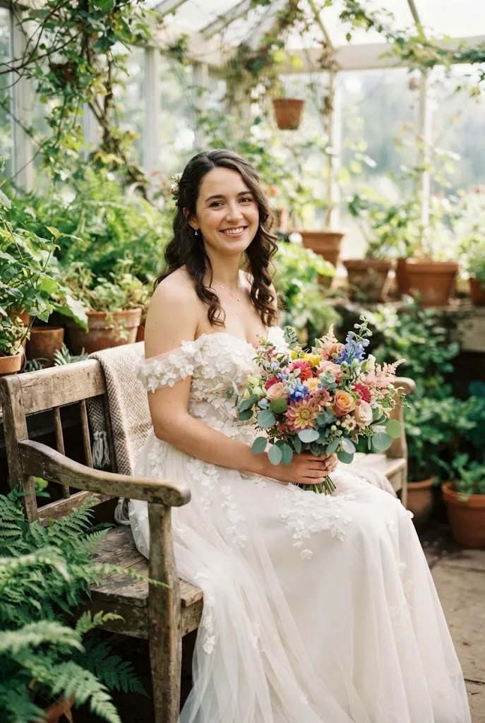 Bridesmaid in an ivory floral applique gown seated in a greenhouse setting