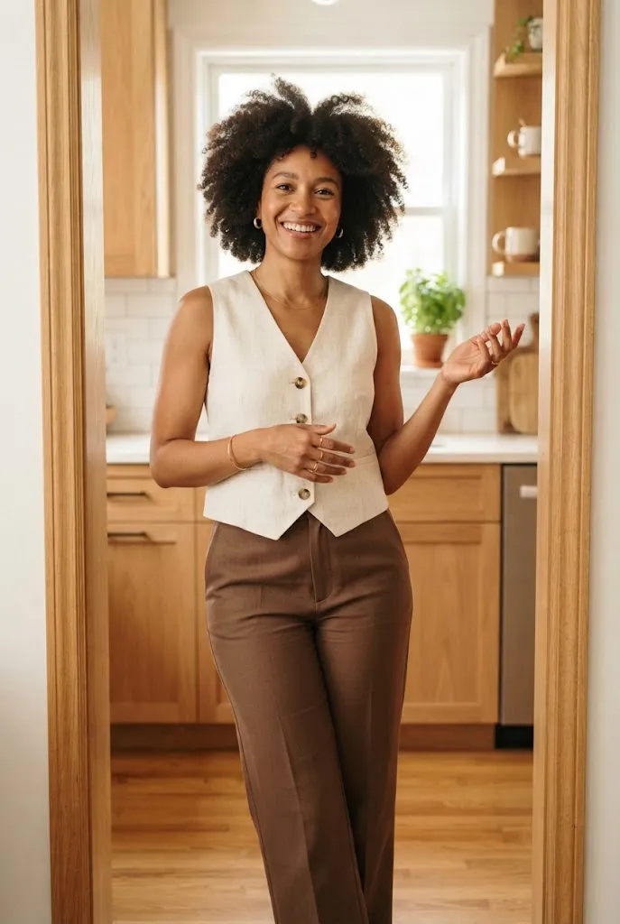 Black woman with a curly afro wearing an ivory vest and brown trousers in a kitchen