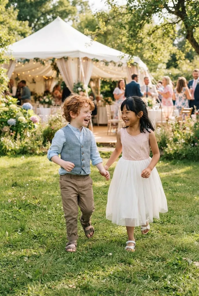 Two children in soft cotton formalwear playing comfortably at a wedding