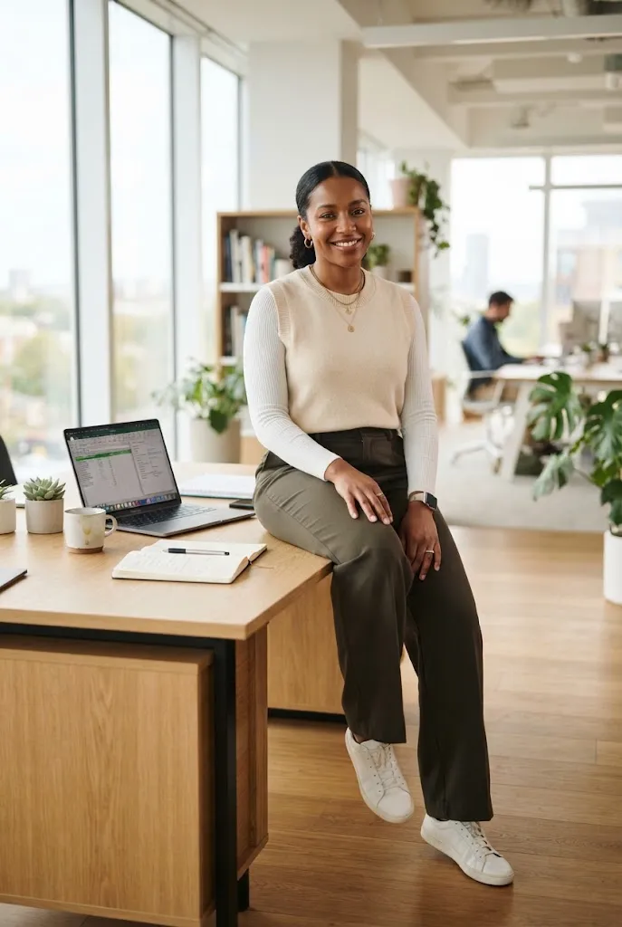 Black woman wearing a knit vest and wide leg trousers sitting on a desk