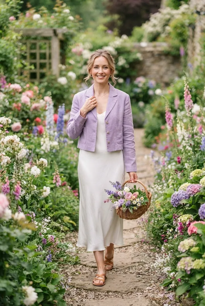 Woman around 30 wearing a lavender cropped jacket over a white slip dress for spring
