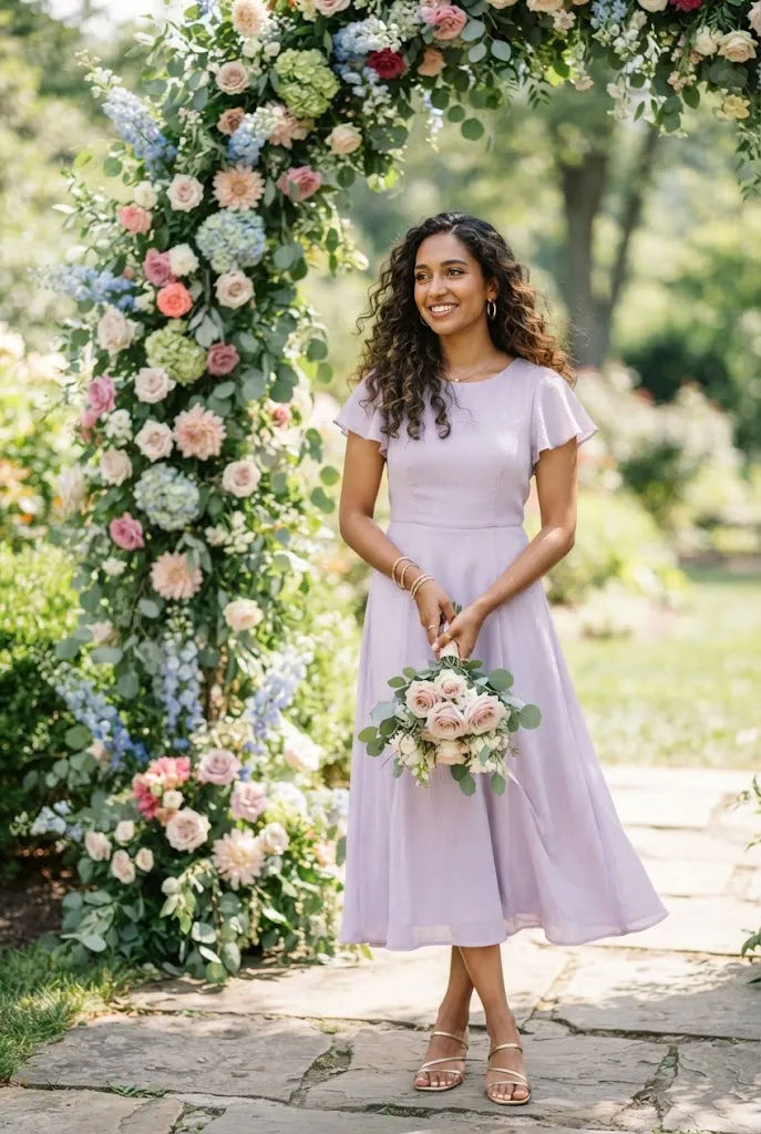 Young South Asian American woman in a lavender midi dress standing near a wedding floral arch