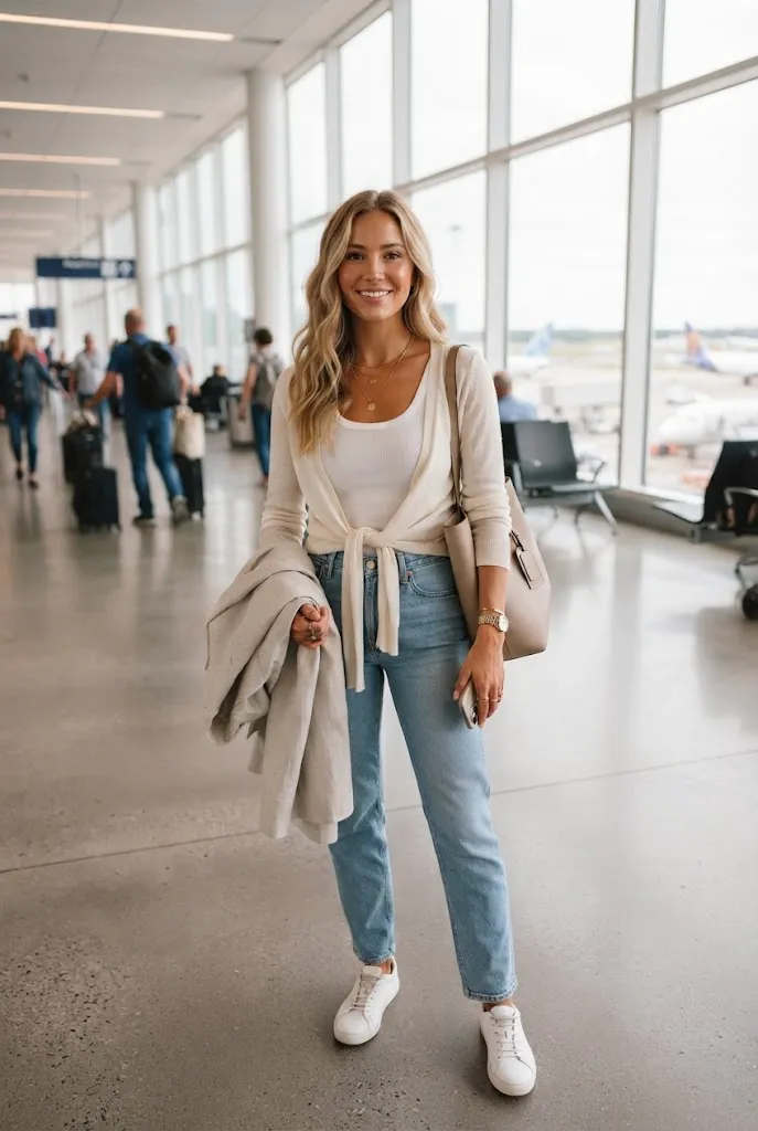 Layered travel outfit idea for changing cabin temperatures on a long flight