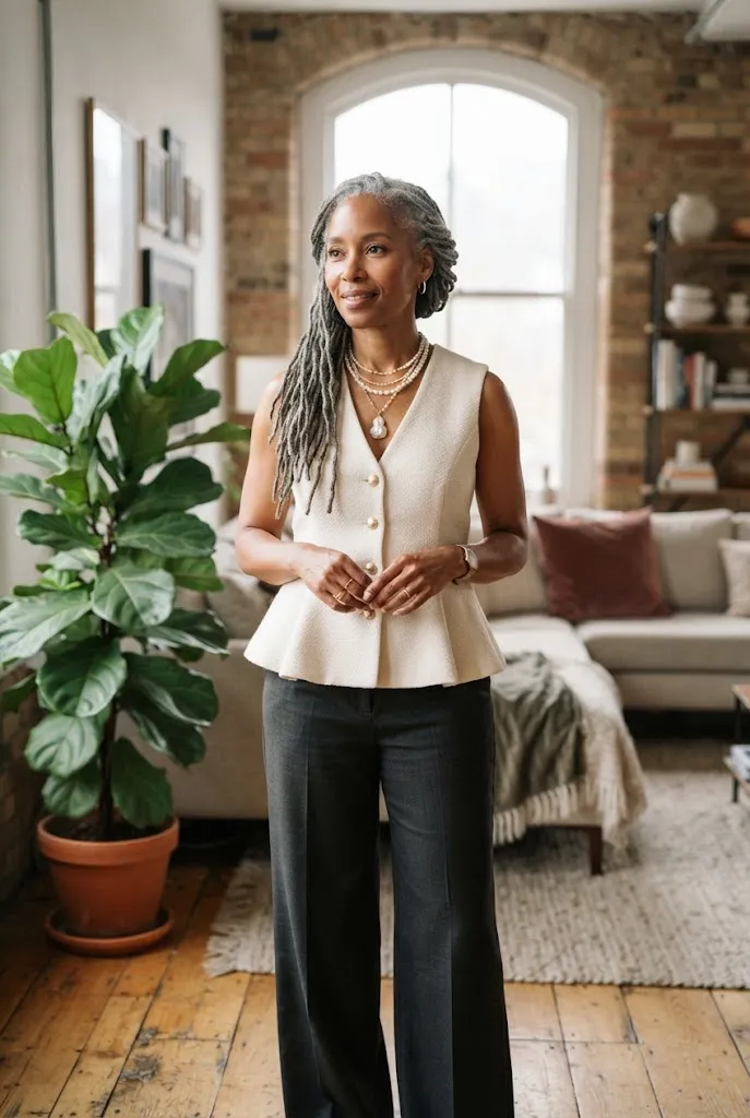 Black woman wearing a layered vest and pearl necklaces in a bright loft space