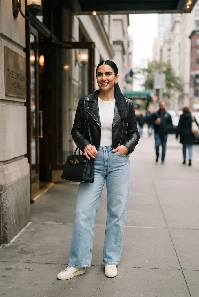 35 year old woman styling a black leather jacket with wide leg jeans for a winter city trip