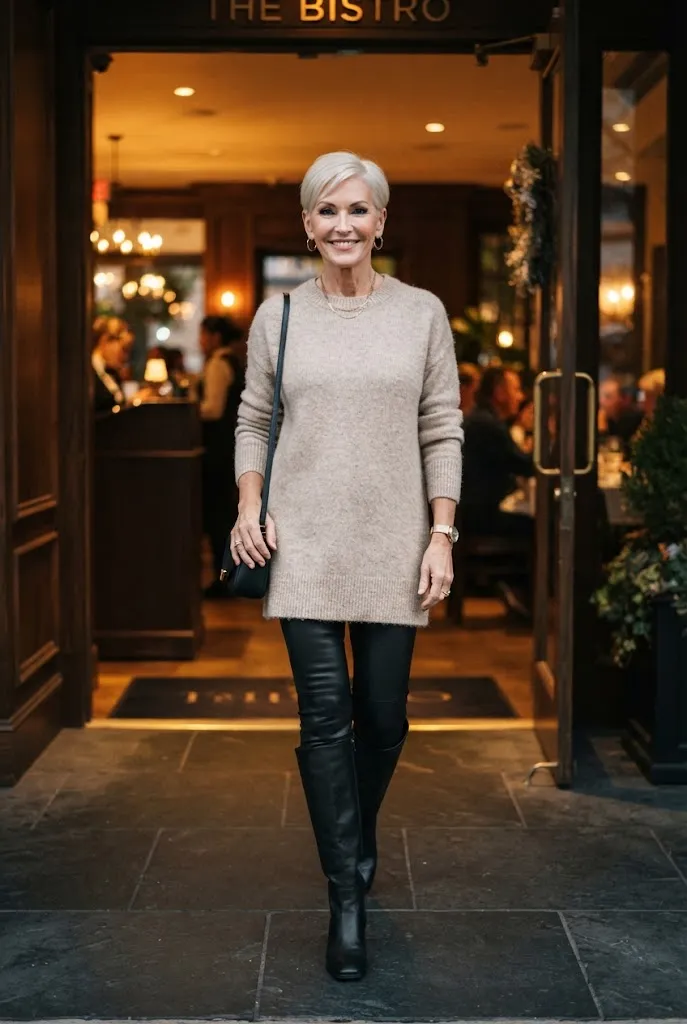 Woman over 50 wearing leather leggings with a long sweater for evening