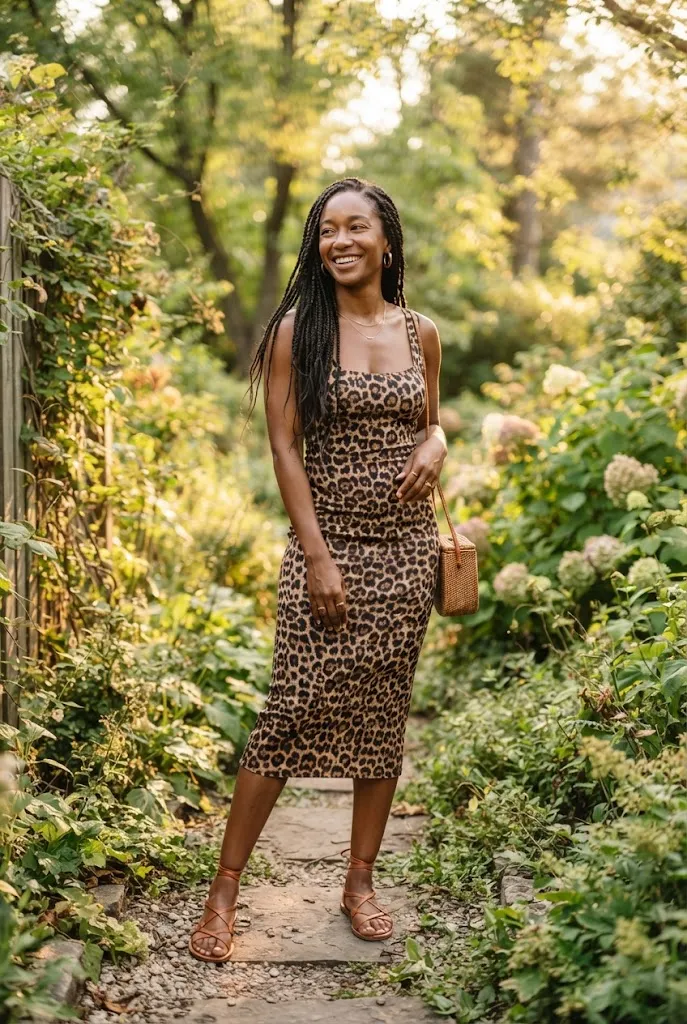 Woman in leopard print dress for bold birthday outfit idea