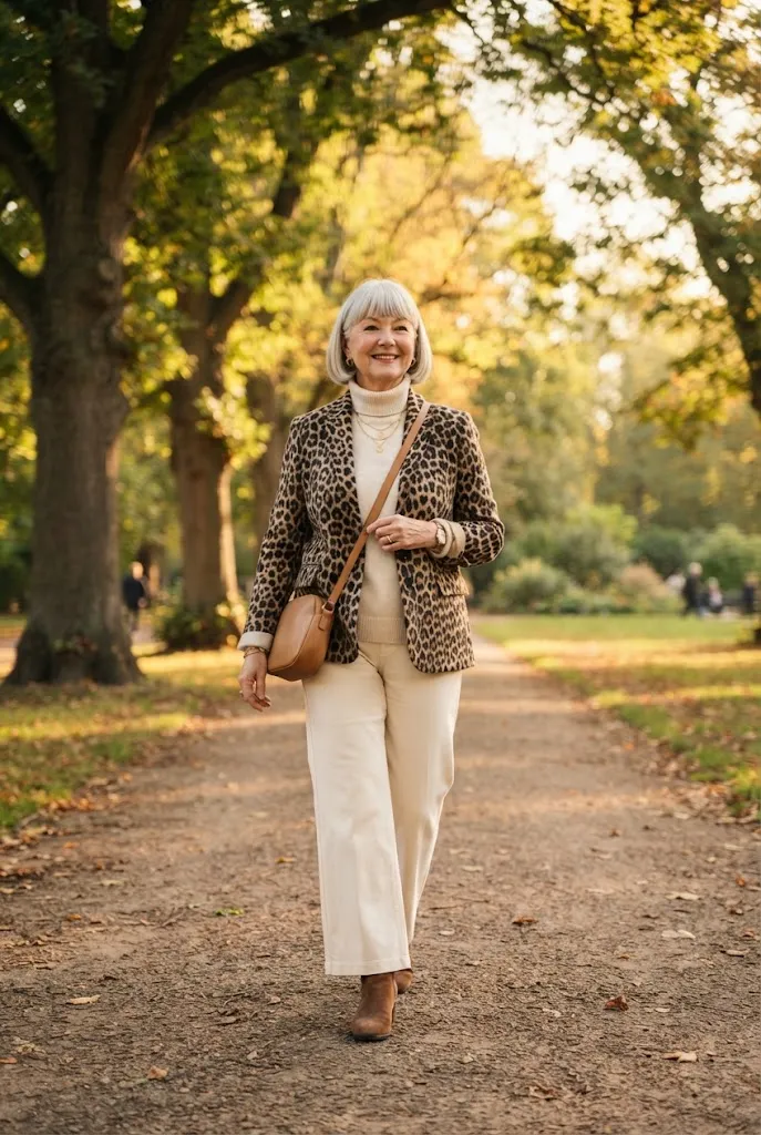 Woman over 50 in leopard print jacket and cream trousers spring outfit