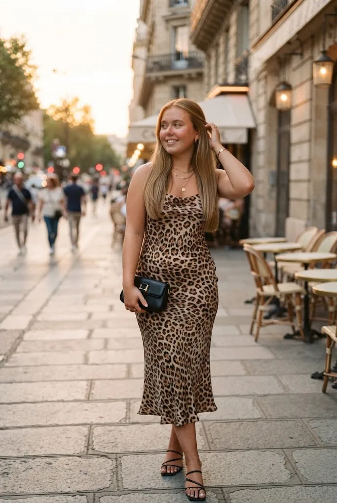 Young woman in a leopard print slip dress for a birthday night out
