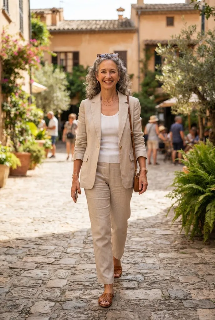 Woman over 50 in linen blazer and straight trousers warm weather business casual outfit