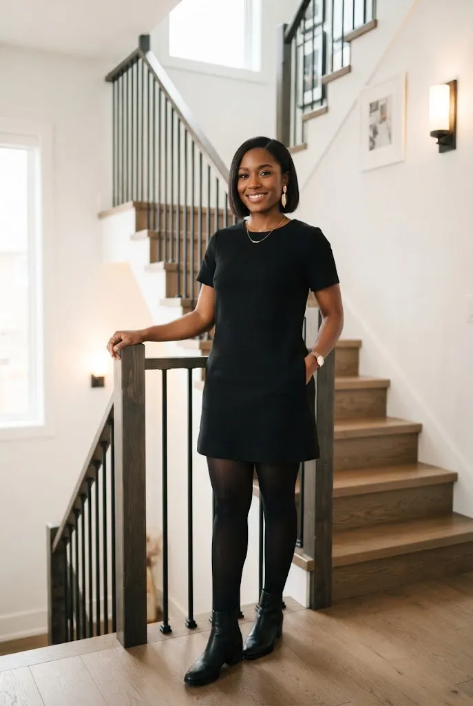 Woman in little black dress with boots for birthday outfit