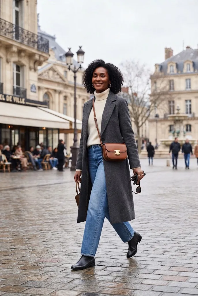38 year old woman wearing a long charcoal coat with relaxed denim and ankle boots while sightseeing.