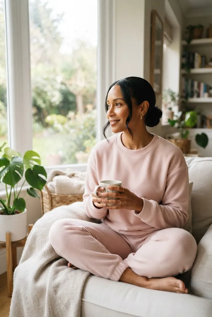 Woman over 40 wearing blush pink cloud fleece loungewear set