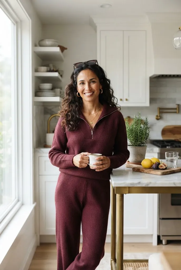 Woman over 40 wearing ribbed burgundy half-zip loungewear set