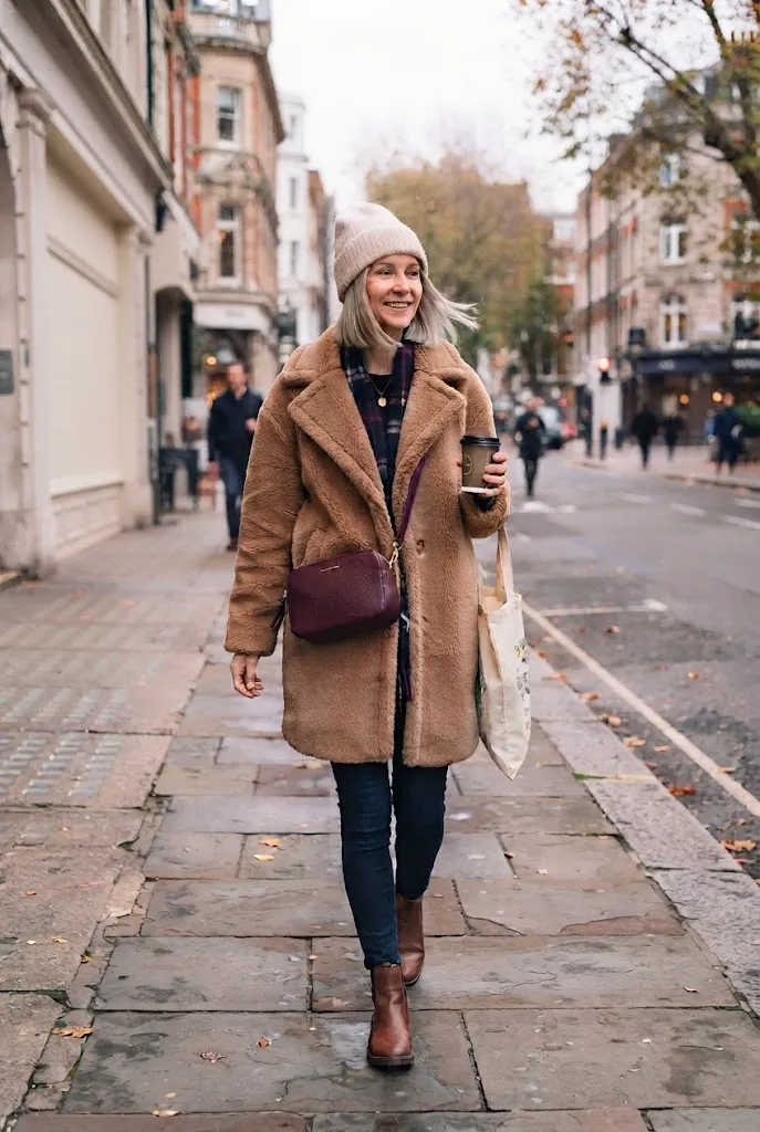 Woman over 40 in camel teddy coat with skinny jeans winter outfit