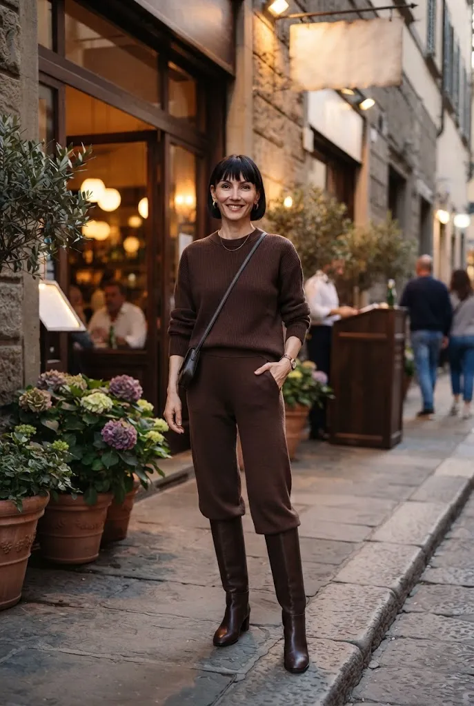 Woman over 40 wearing chocolate brown loungewear set with boots