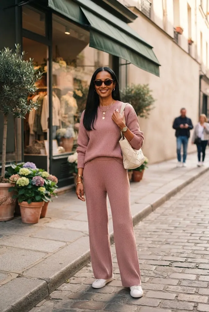 Woman over 40 wearing dusty rose loungewear set with gold jewelry