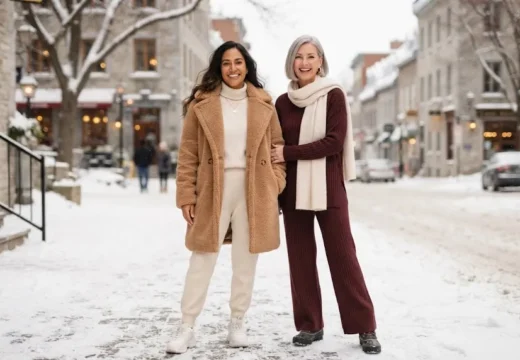 Two women over 40 wearing cozy winter loungewear outfits together