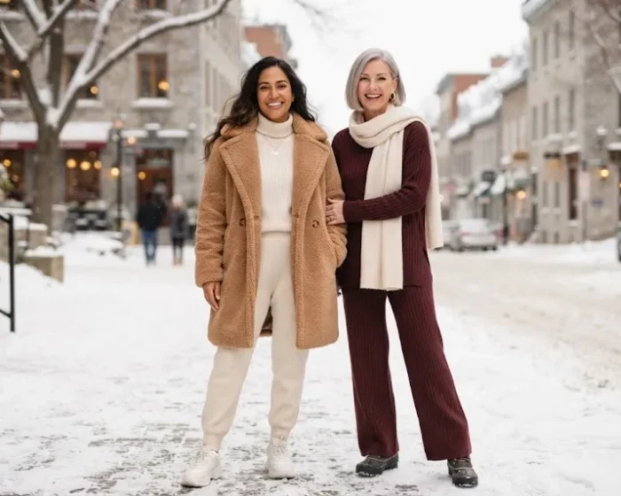 Two women over 40 wearing cozy winter loungewear outfits together