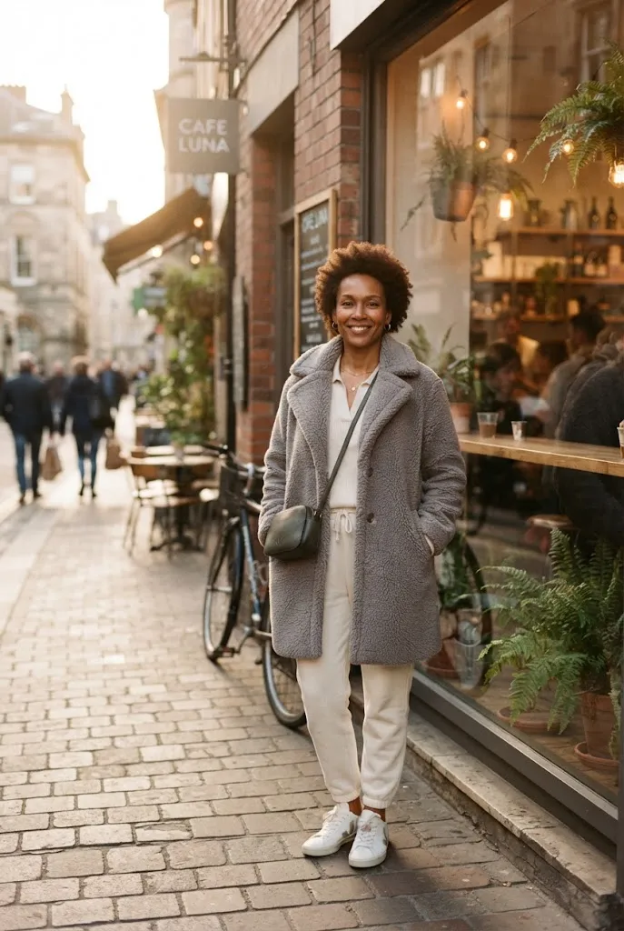 Woman over 40 wearing grey teddy coat with cream joggers outfit