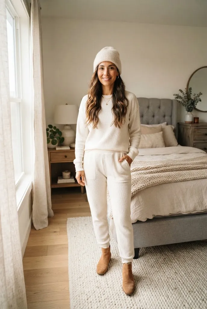 Woman over 40 wearing ivory waffle knit loungewear set with cream beanie