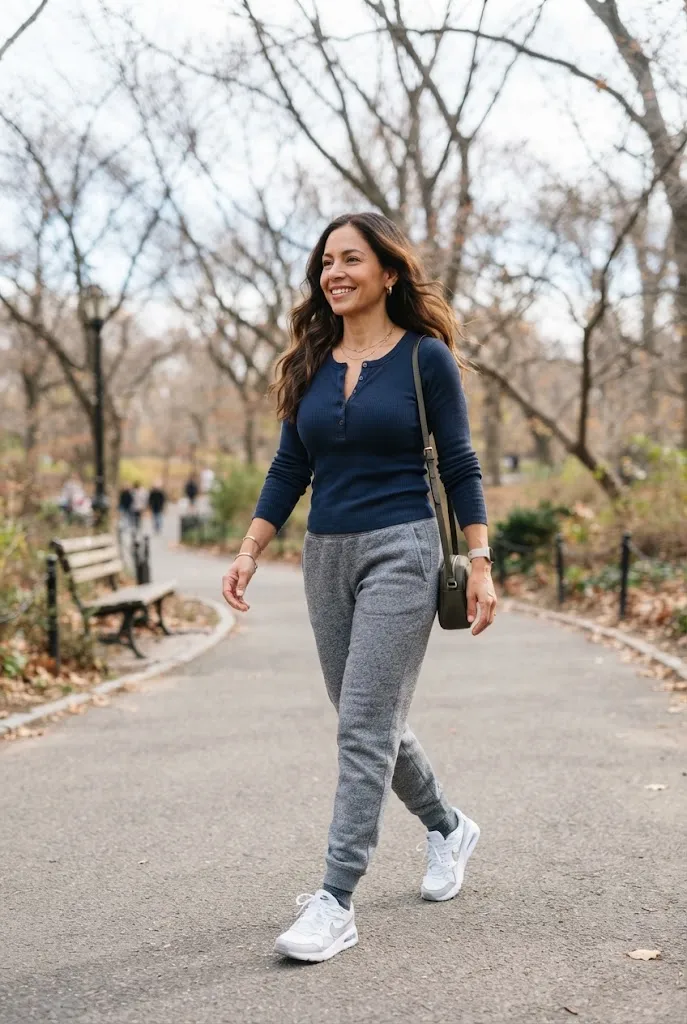 Woman over 40 wearing navy henley with grey sweatpants outfit