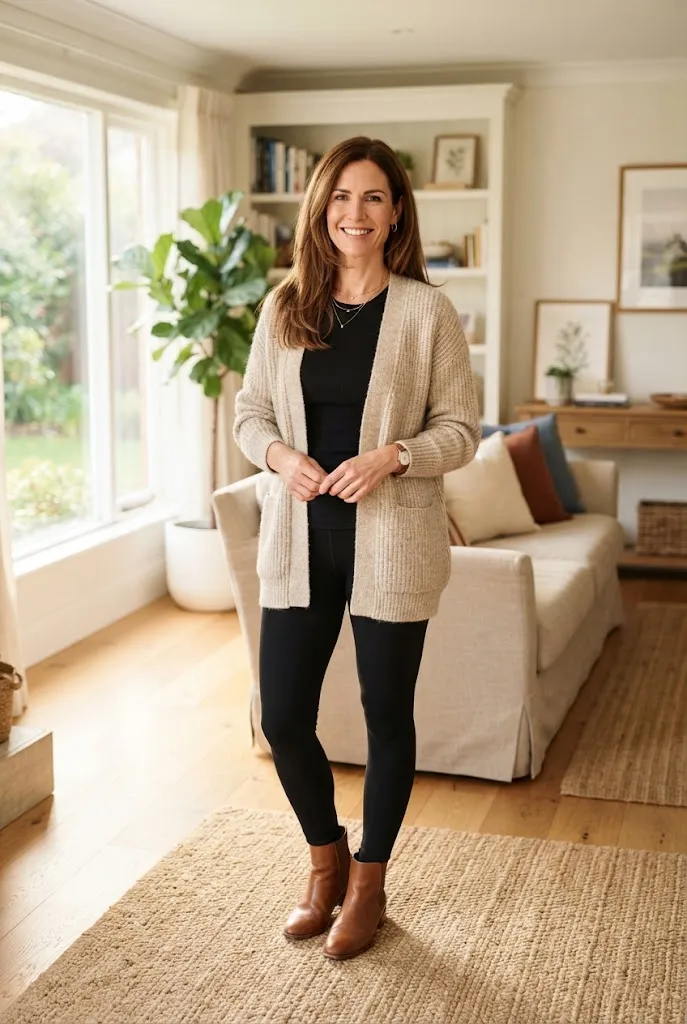 Woman over 40 wearing oatmeal cardigan with black leggings
