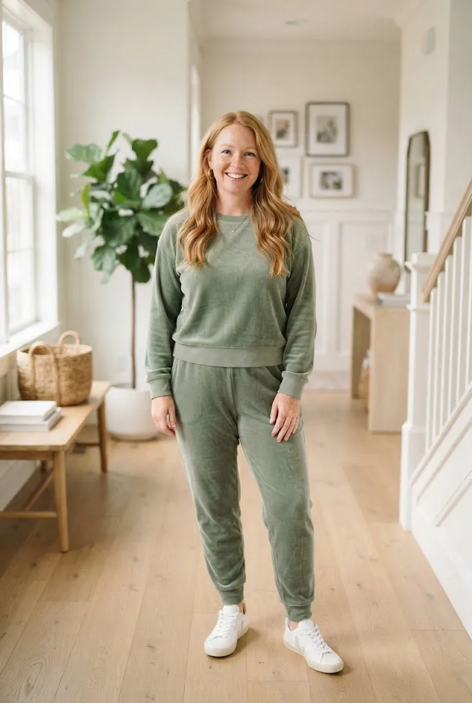 Woman over 40 wearing sage green velour loungewear set