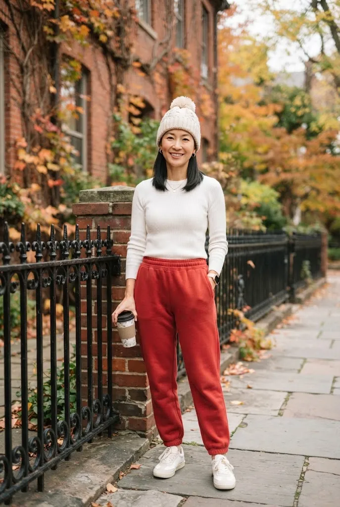 Woman over 40 wearing white top with red fleece joggers outfit