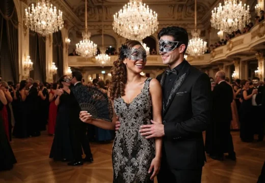 Elegant masquerade party outfit ideas for couples with black and silver formal eveningwear.